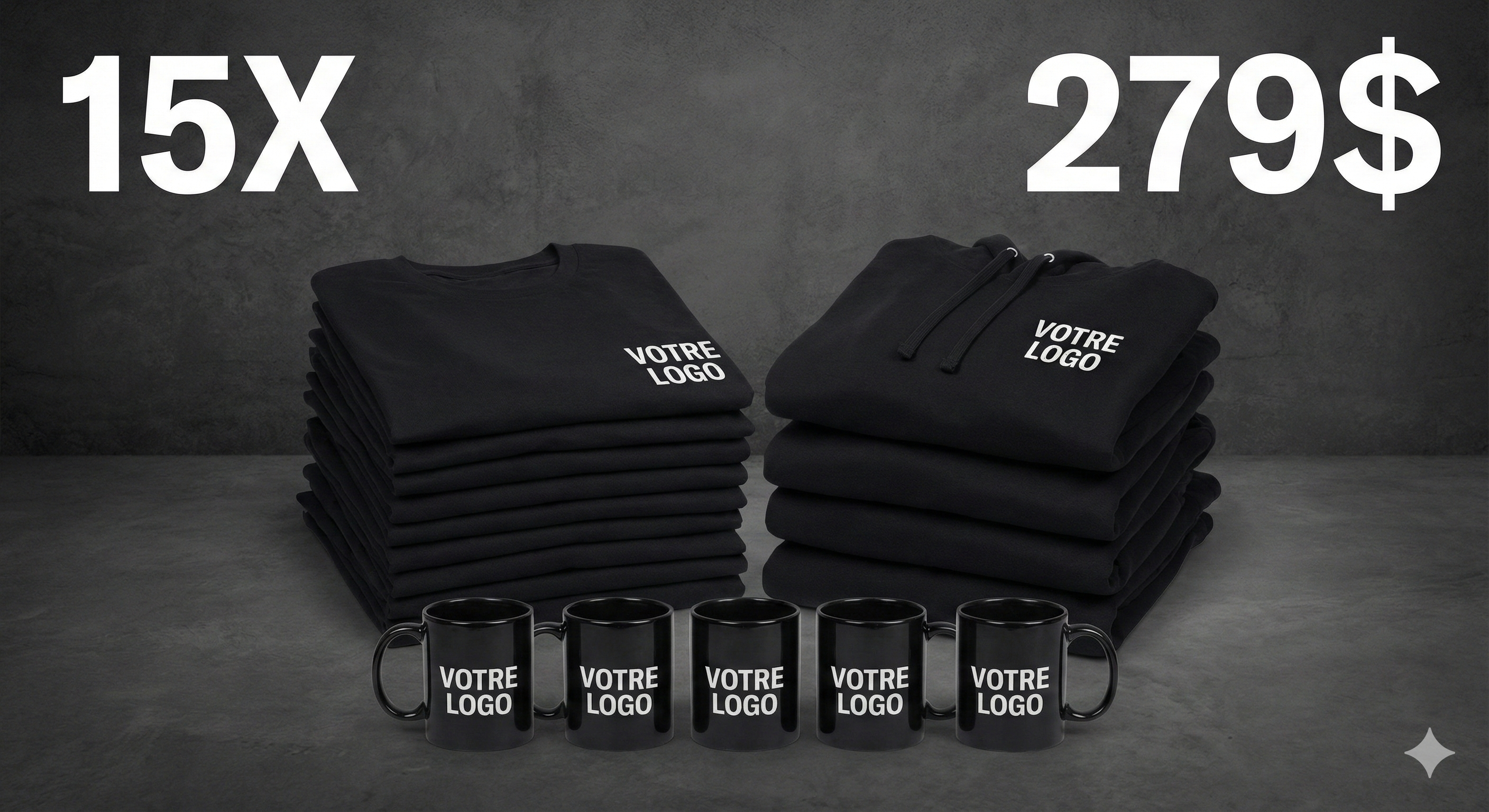 Pack 15 Articles Personnalisés : T‑Shirts, Hoodies & Mugs 15oz pour 279$