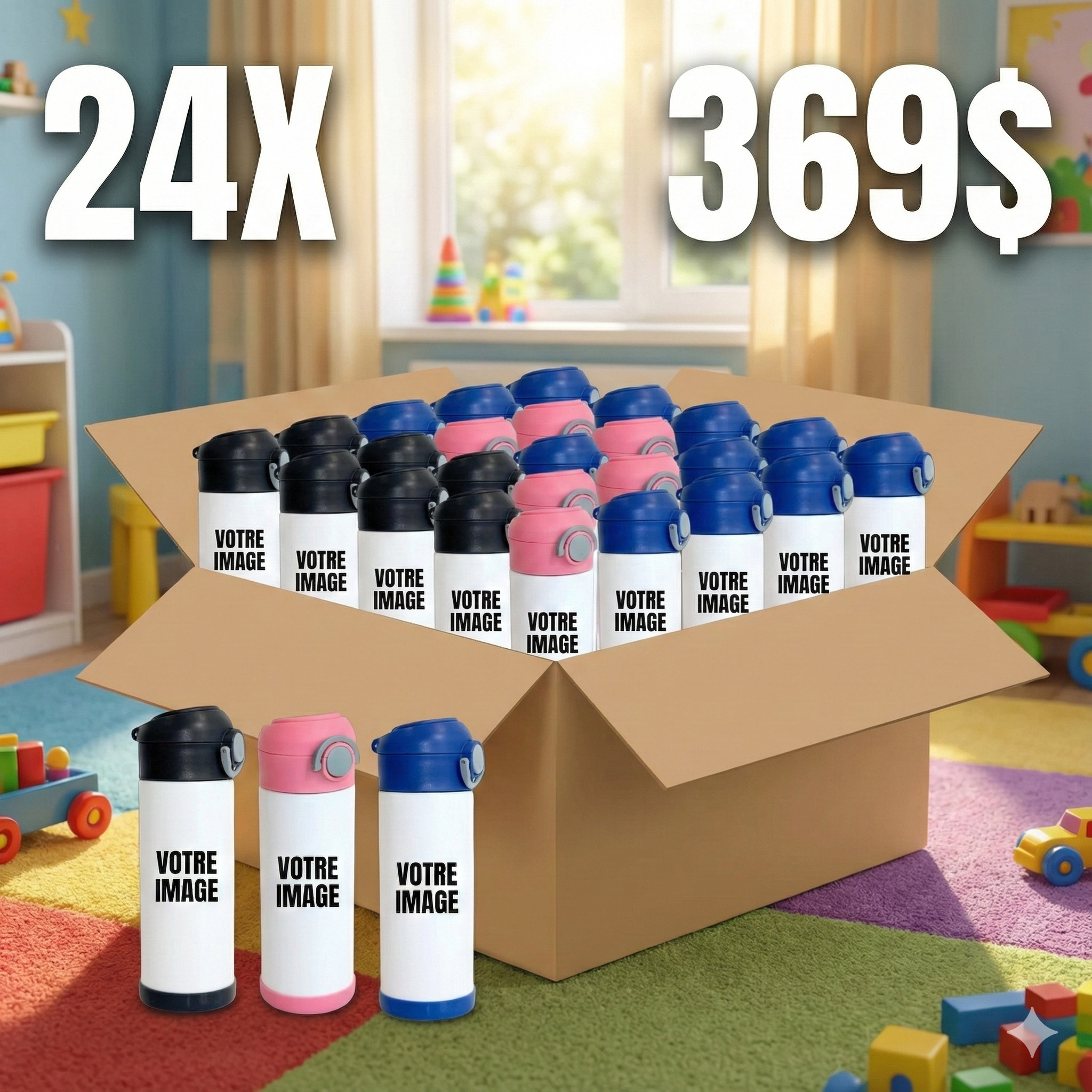 Pack 24 Bouteilles d’Eau Enfant Personnalisées pour 369$  Sécurité, fun et visibilité