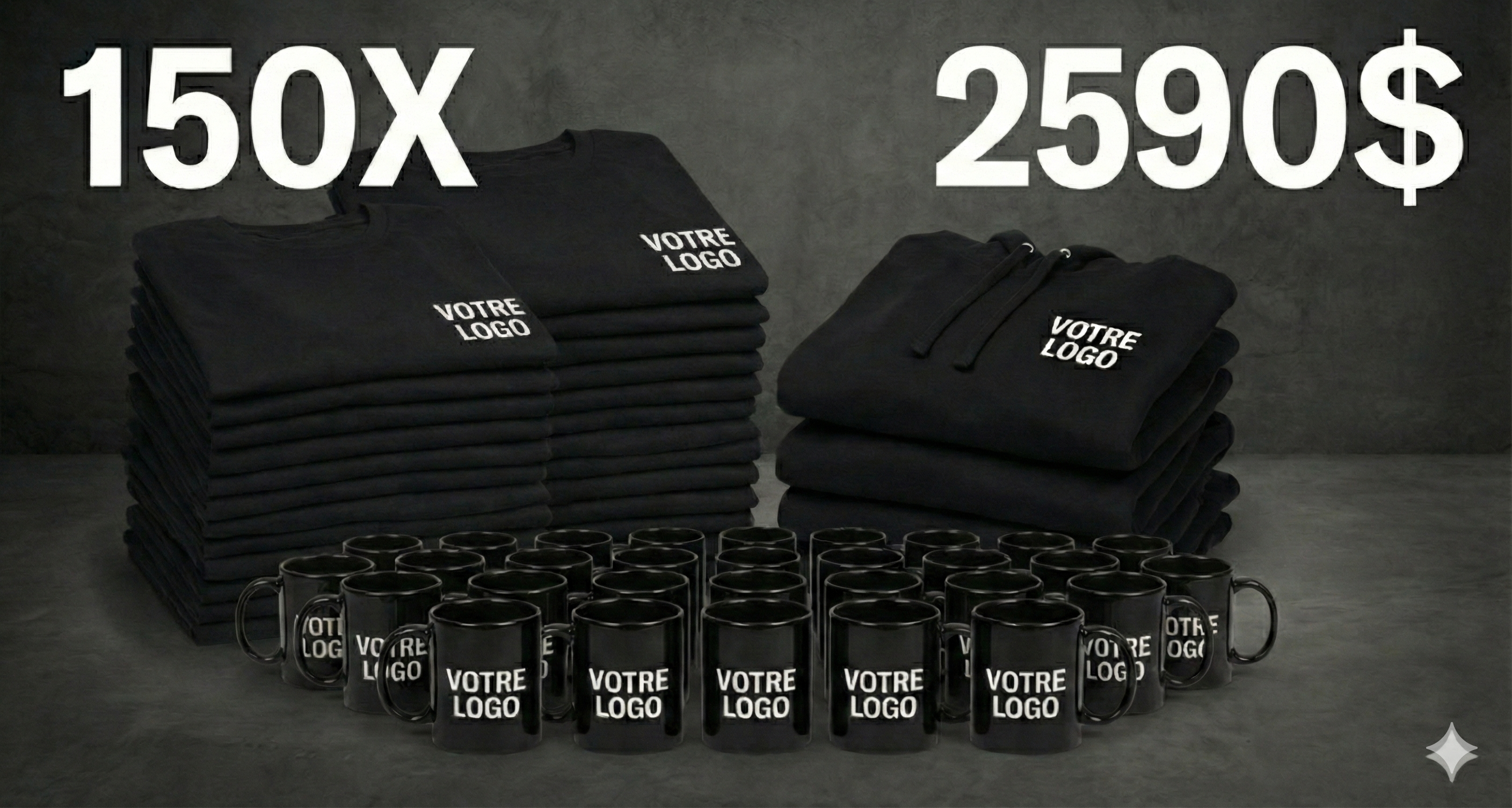 Pack 150 Articles Personnalisés : T‑Shirts, Hoodies & Mugs 15oz pour 2590$